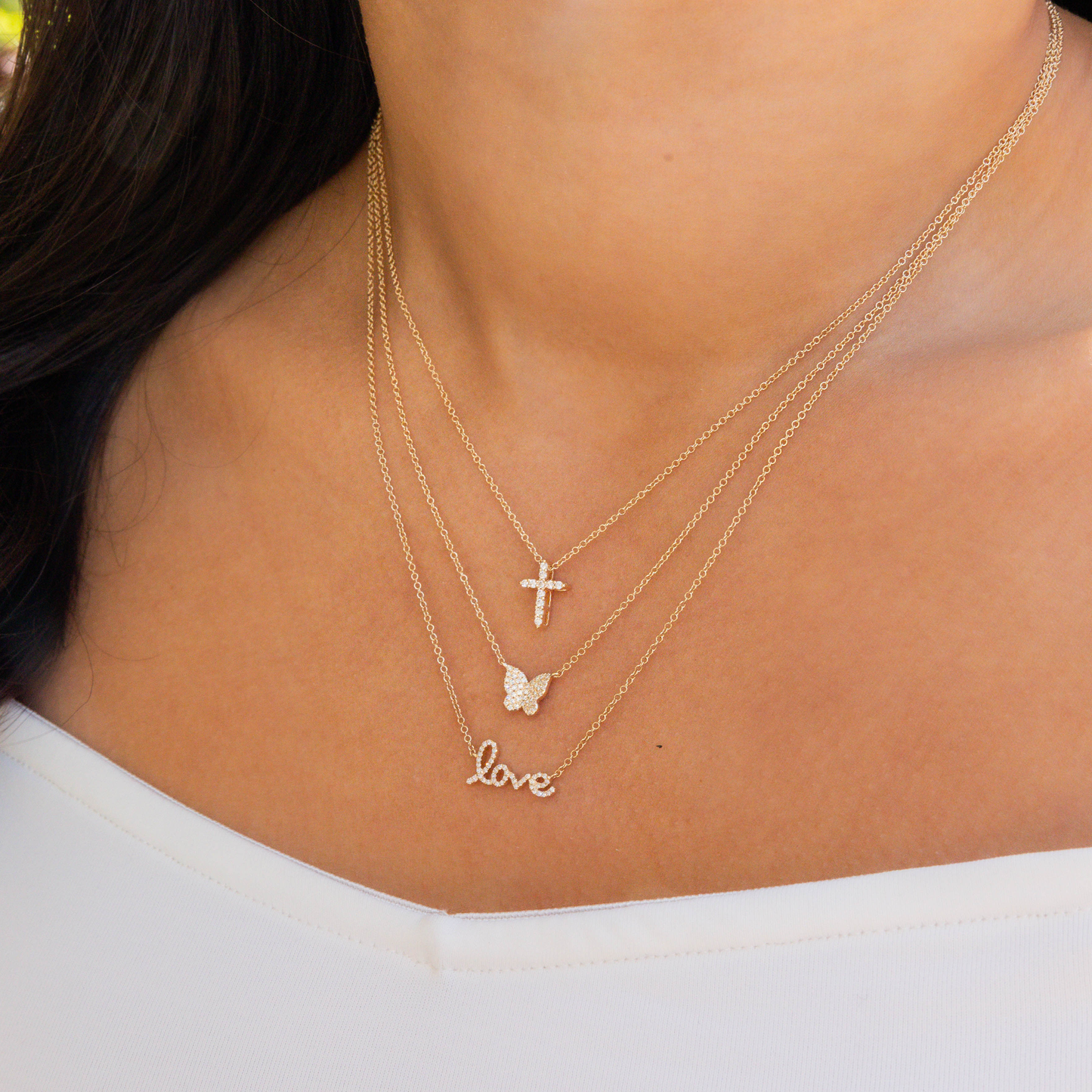 Dainty diamond necklace stack in 14kt yellow gold