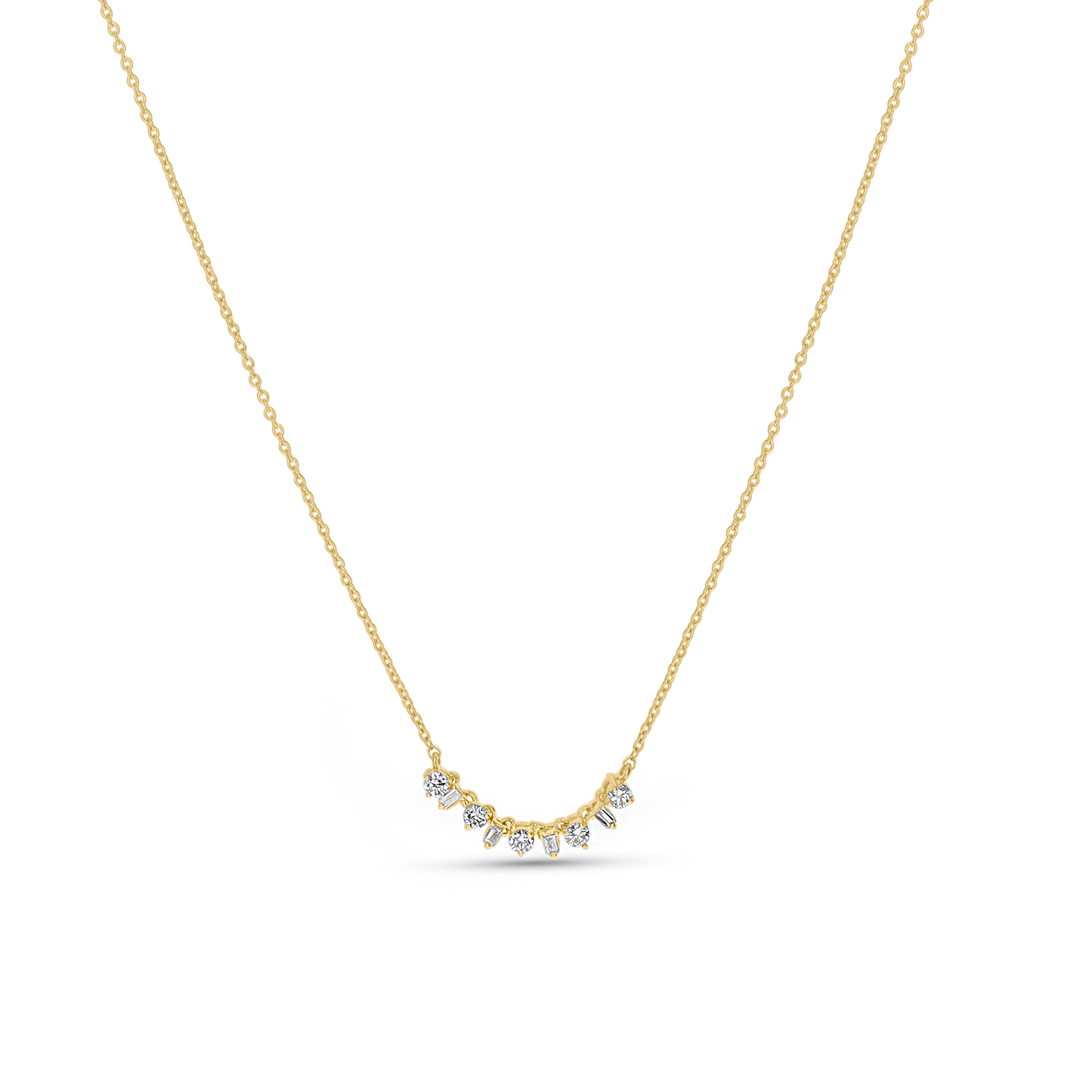 Mixed Baguette & Round Diamond Curved Bar Necklace in Yellow Gold
