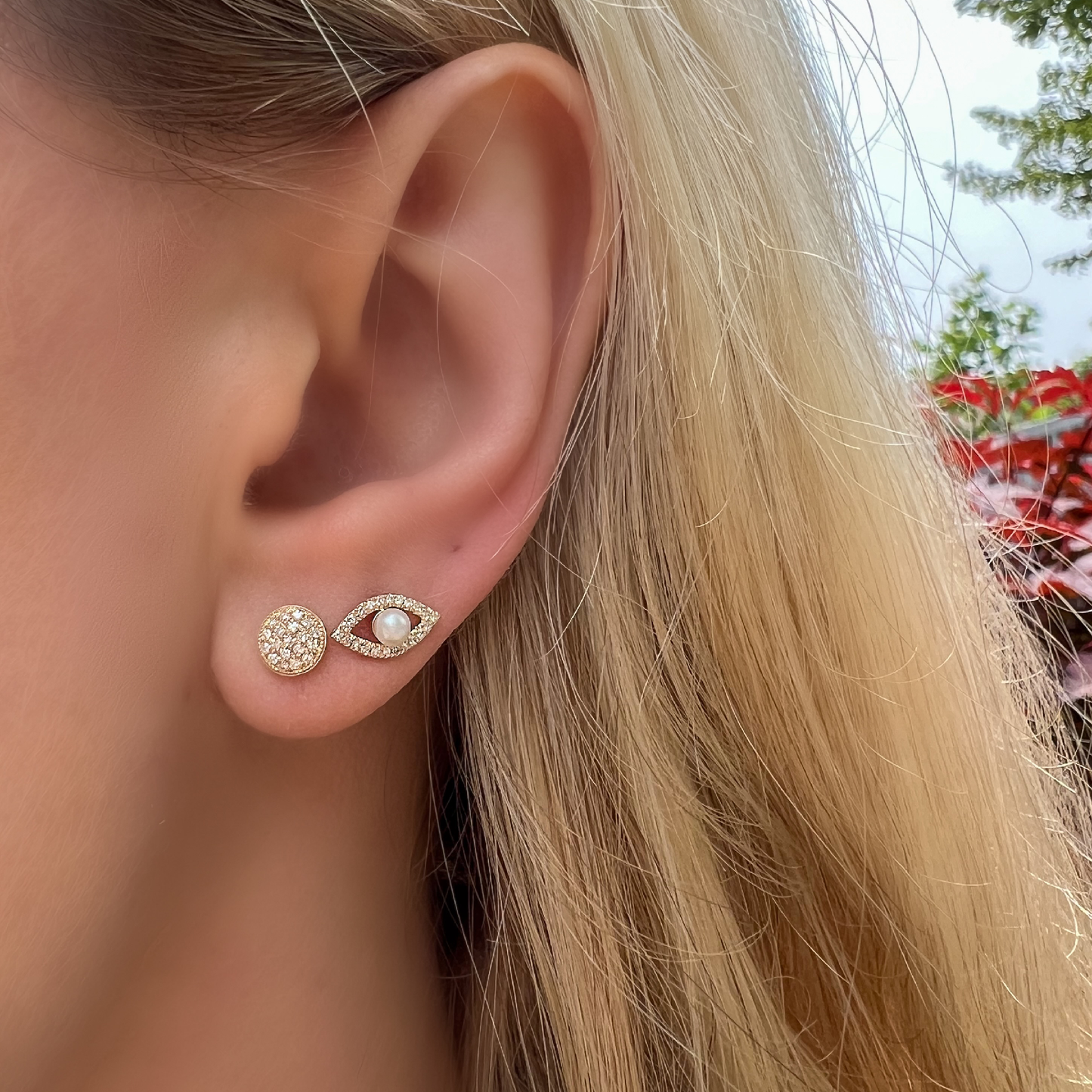 Diamond & Pearl Evil Eye Stud Earrings in 14kt Yellow Gold | Alexandra Marks Jewelry
