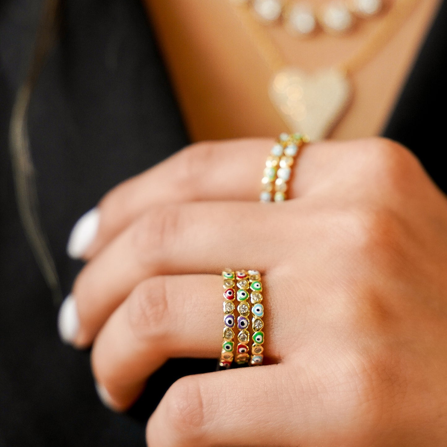 Heart Evil Eye Gold Stacking Ring