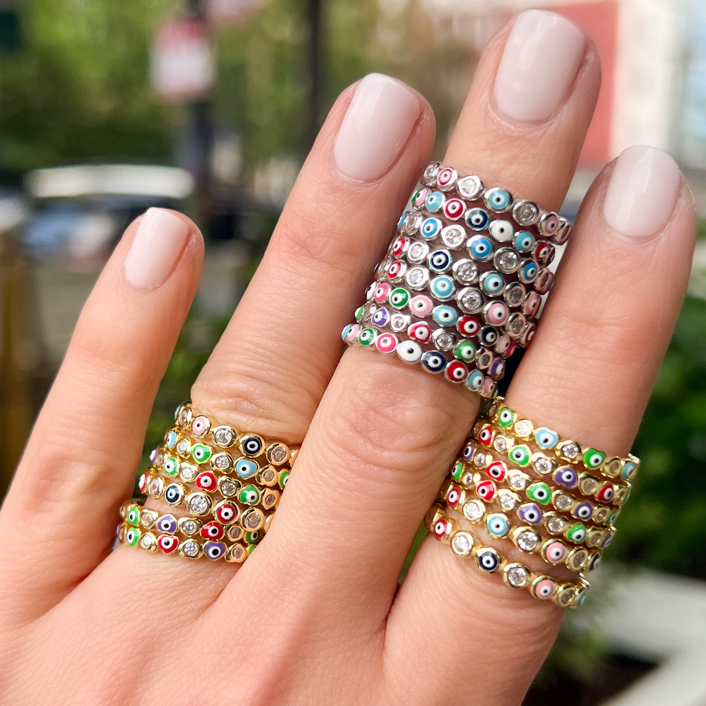Silver & Gold Evil Eye stacking rings from Alexandra Marks Jewelry