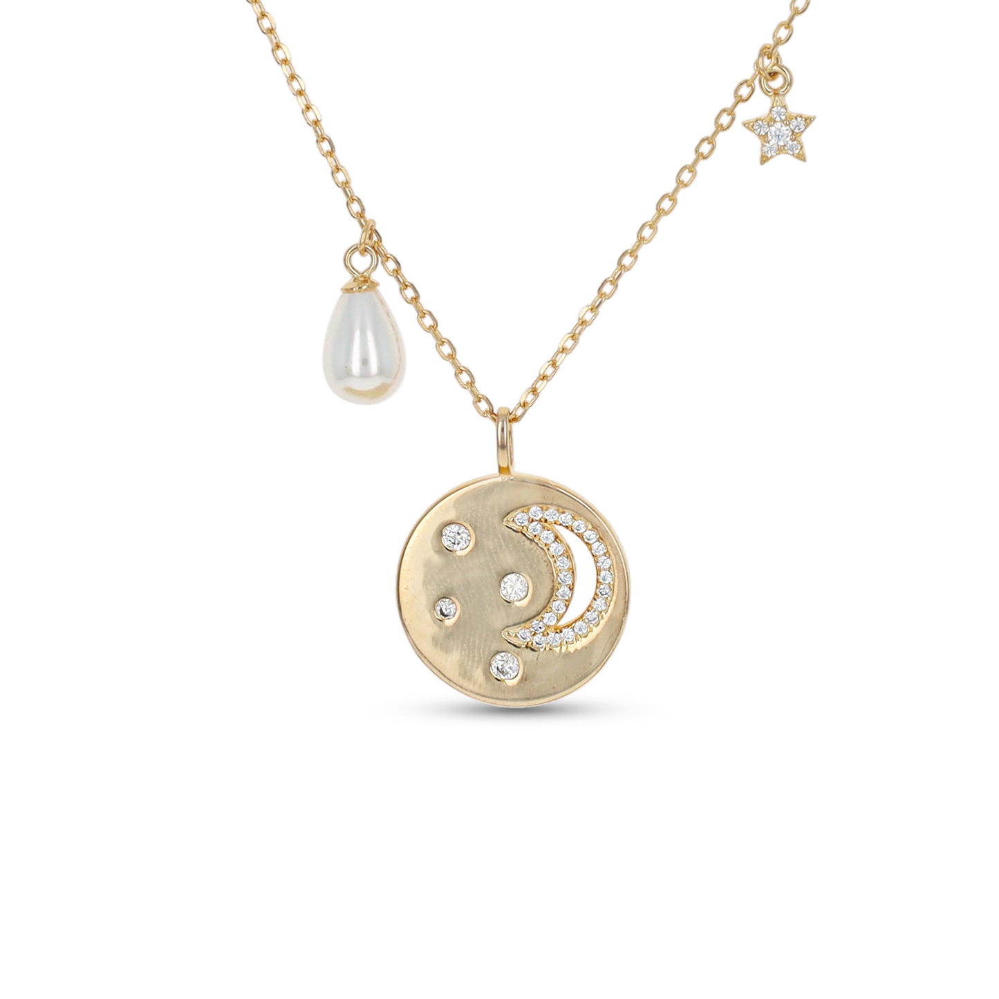 Moon, Star, Pearl Charm Disc Necklace from Alexandra Marks