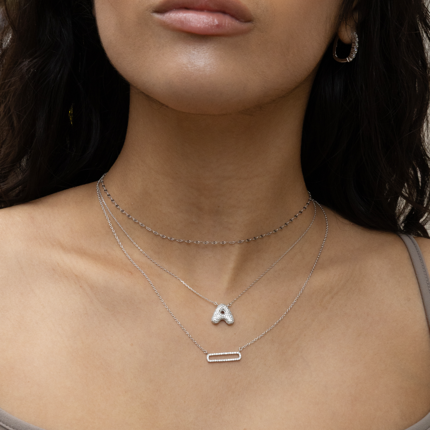 Sterling Silver Necklace Stack with Letter A Initial and Open Bar Necklace.