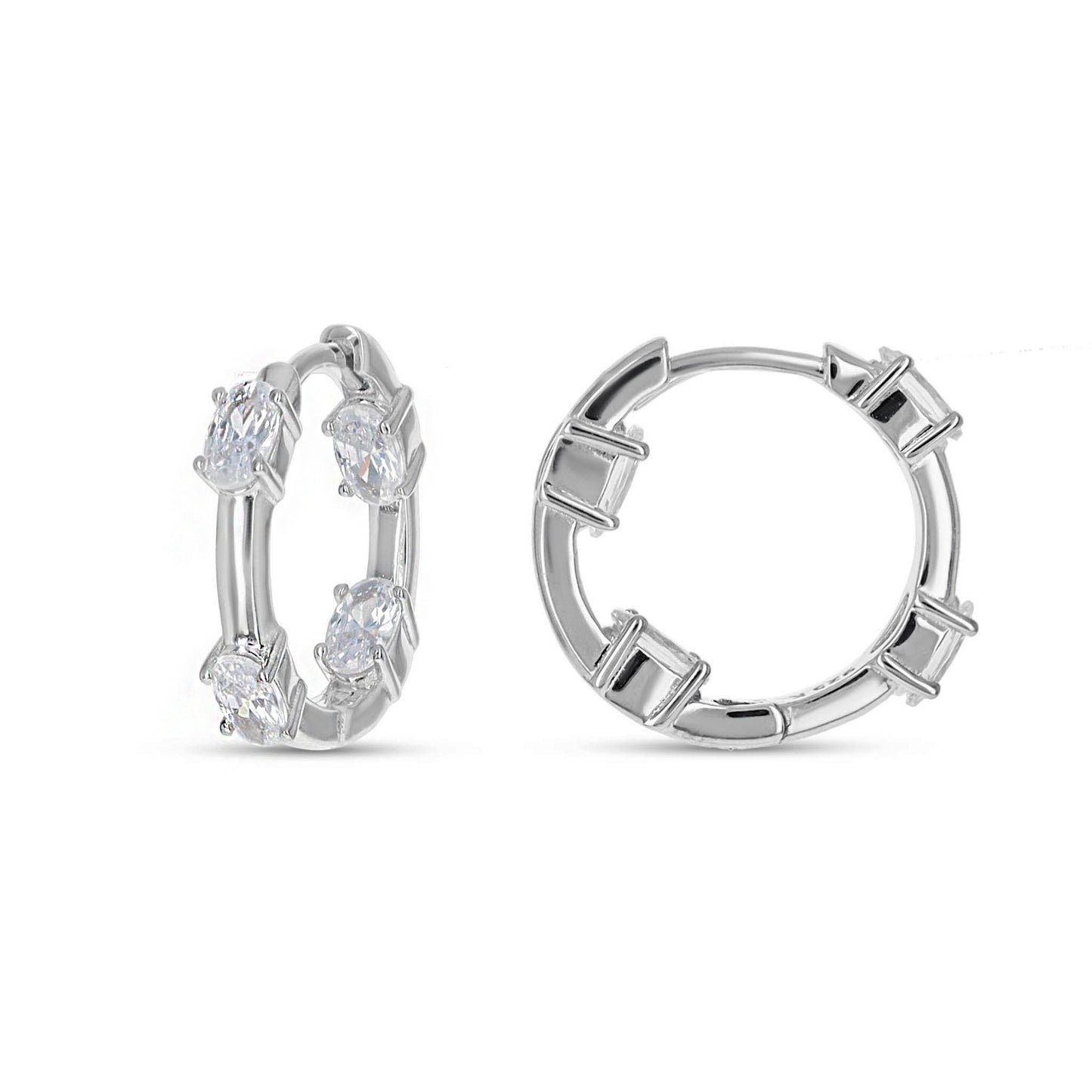 Silver Oval CZ Station Hoop Earrings