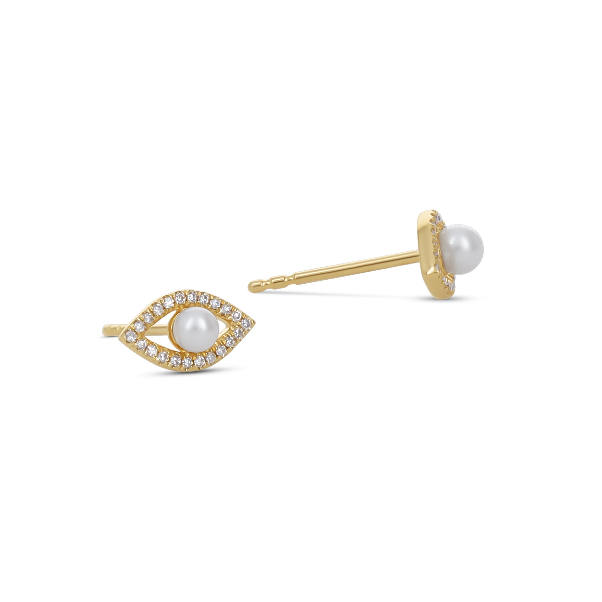 Dainty Diamond & Pearl 14kt Gold Evil Eye Stud Earrings from Alexandra Marks Jewelry