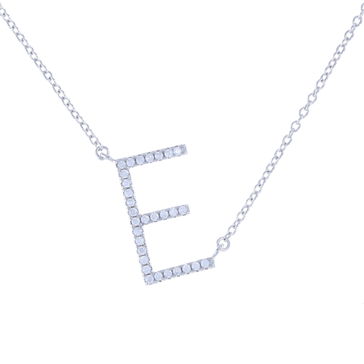 Sideways Letter E initial necklace in sterling silver