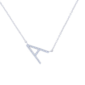 Sideways Letter A Initial Necklace in Sterling Silver with Cubic Zirconia Stones - Alexandra Marks 