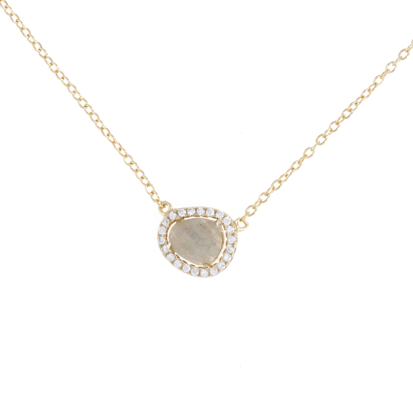 Oval labradorite necklace with cz halo in gold