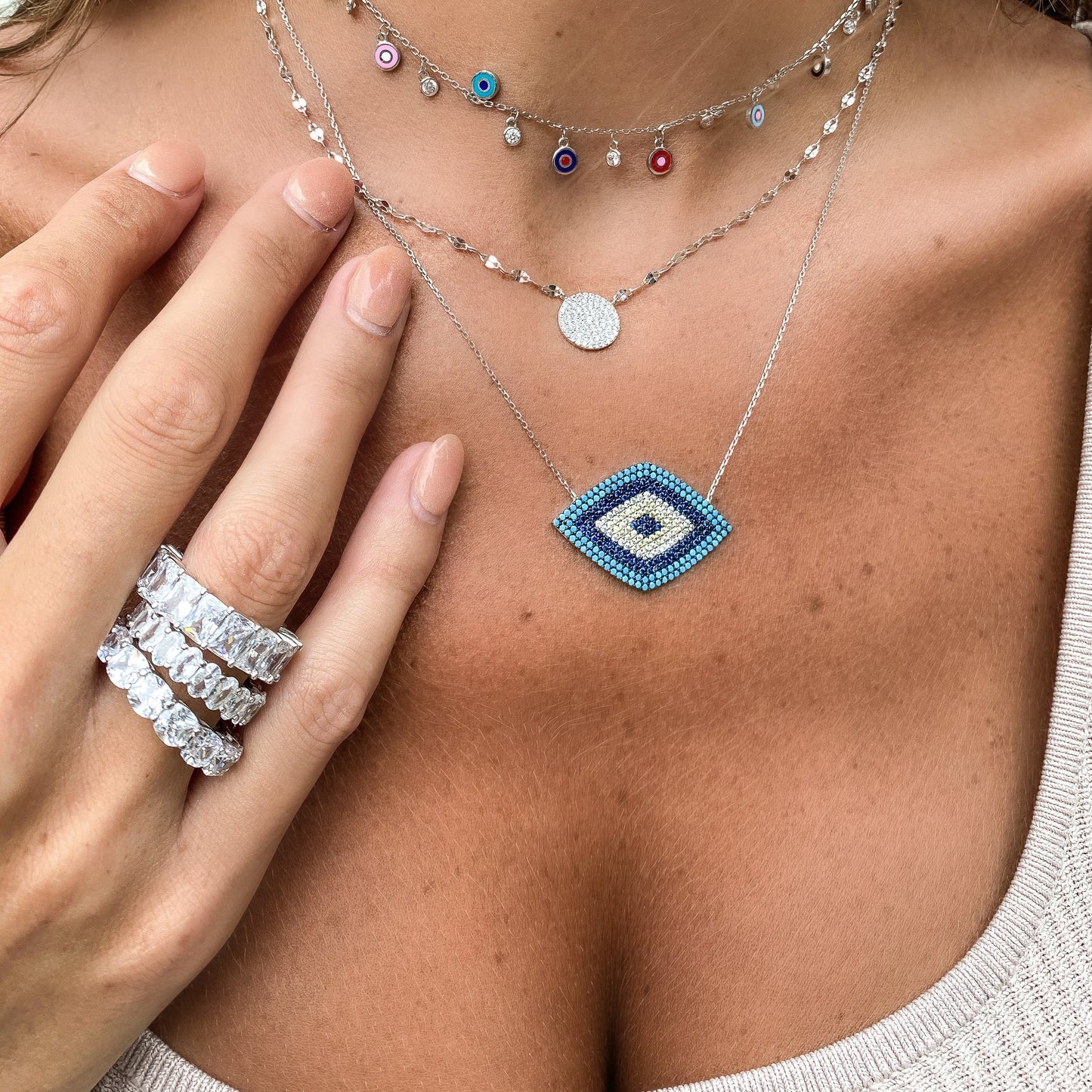 Wearing Alexandra Marks Eternity Band and Fashion jewelry in sterling silver