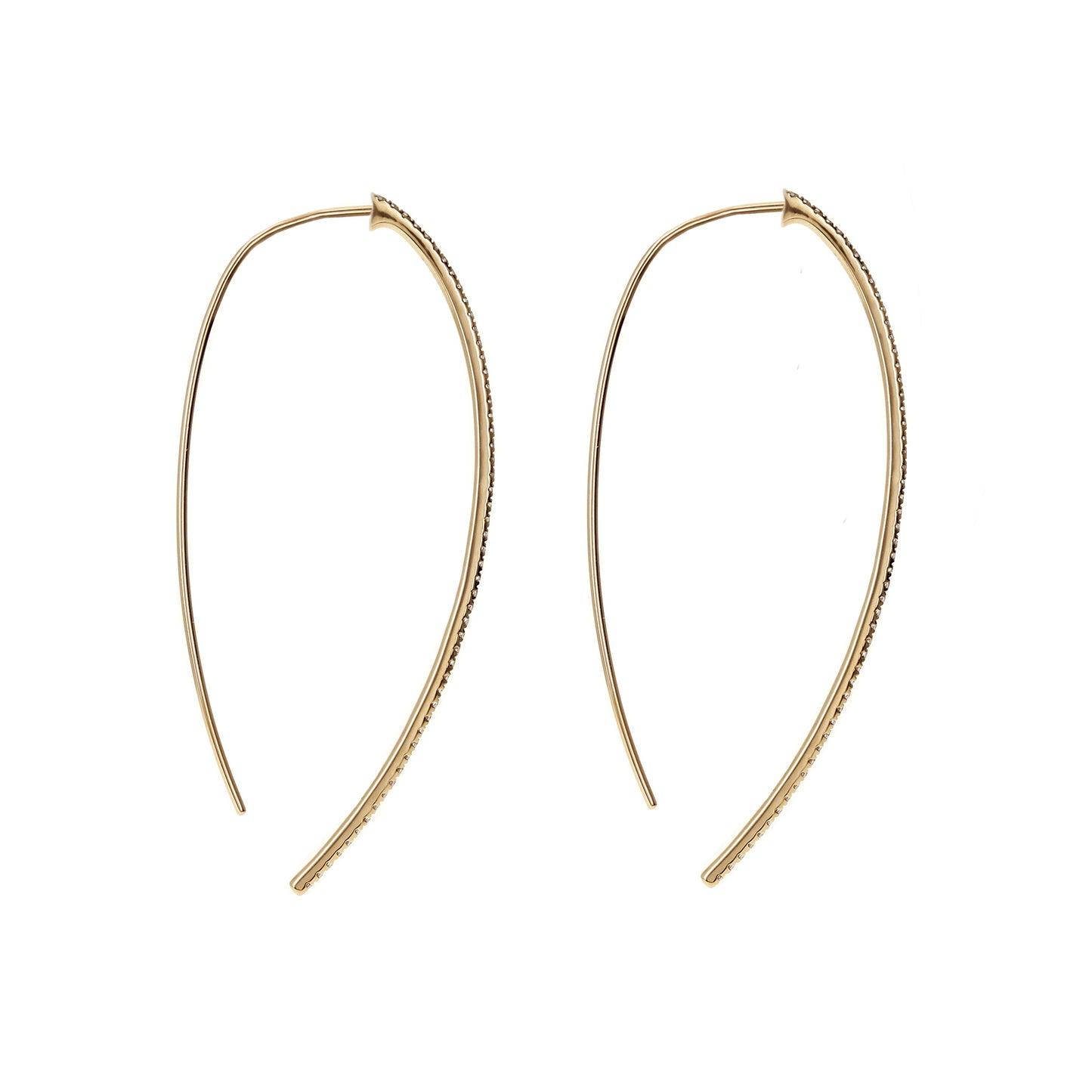 Side view of the posts of the 14kt yellow gold and diamond thread through drop earrings