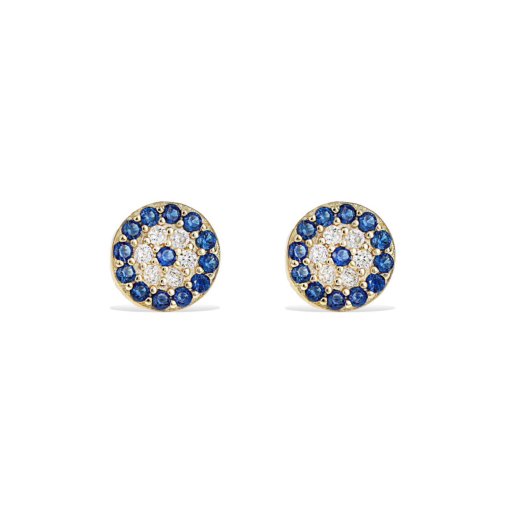 Small sapphire blue cz evil eye stud earrings in gold