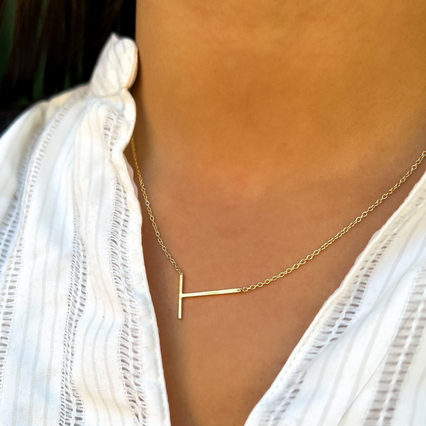 Gold Letter T Sideways Initial Necklace - Alexandra Marks Jewelry