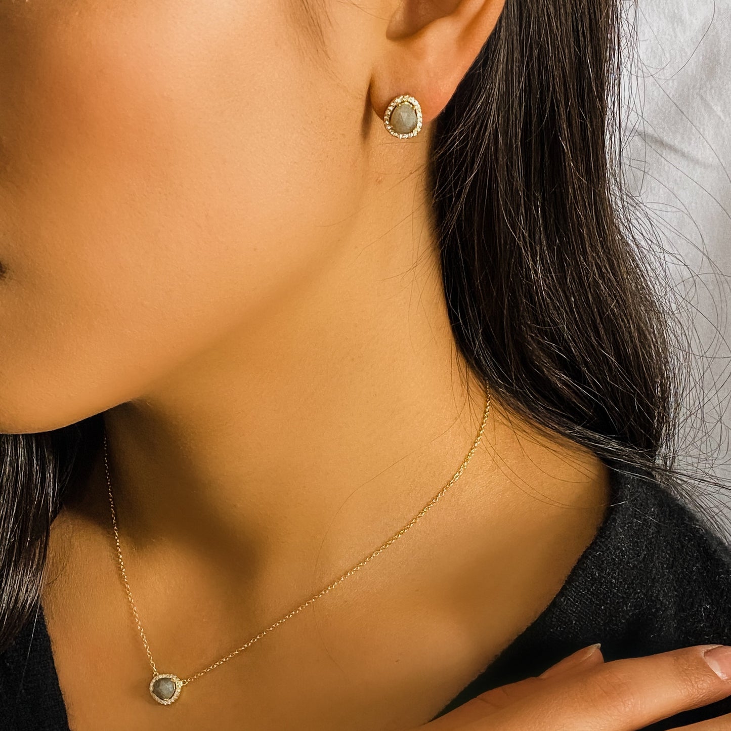 Wearing Alexandra Marks Labradorite Stud Earrings in Gold