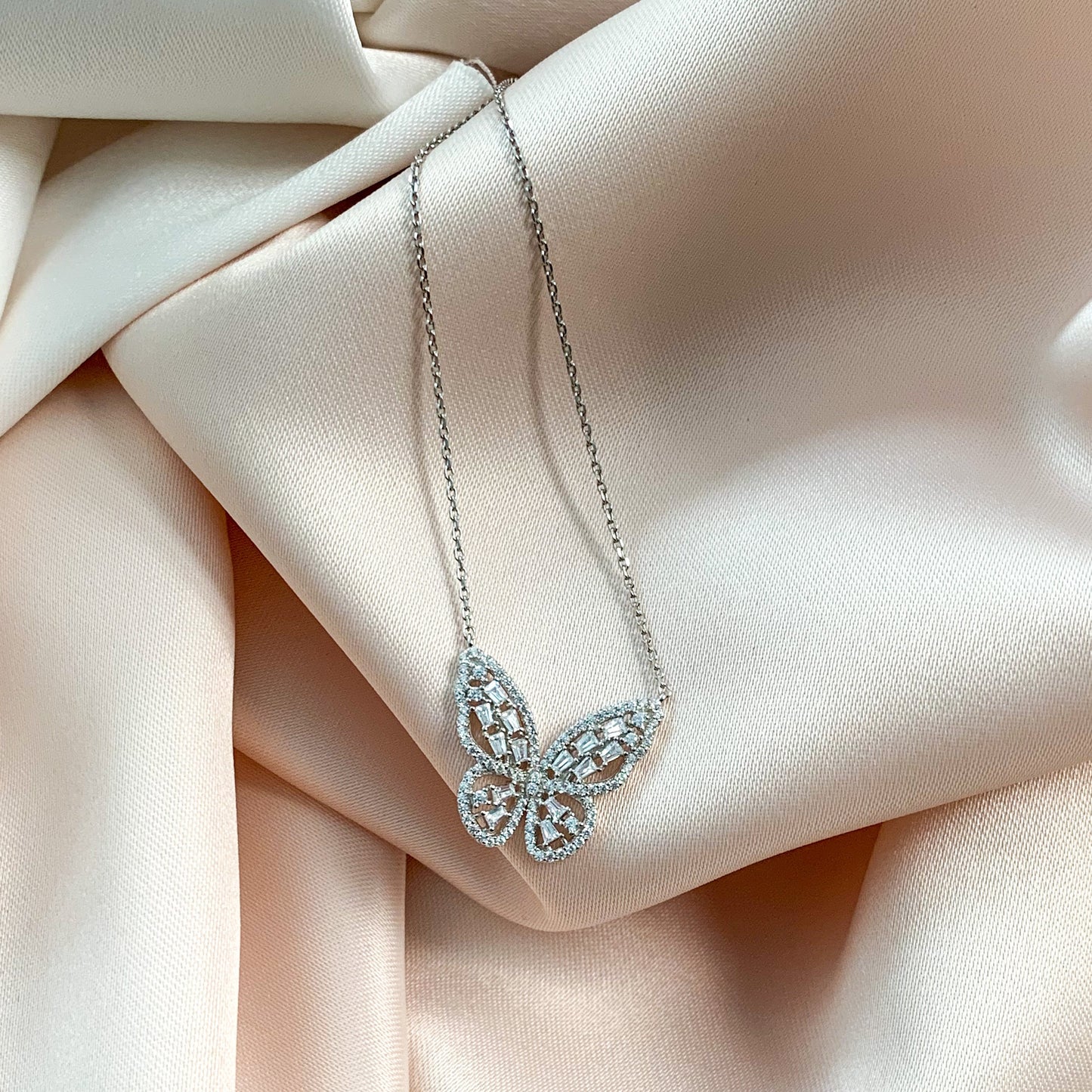 Emerald Cut Cubic Zirconia Butterfly Necklace in Sterling Silver