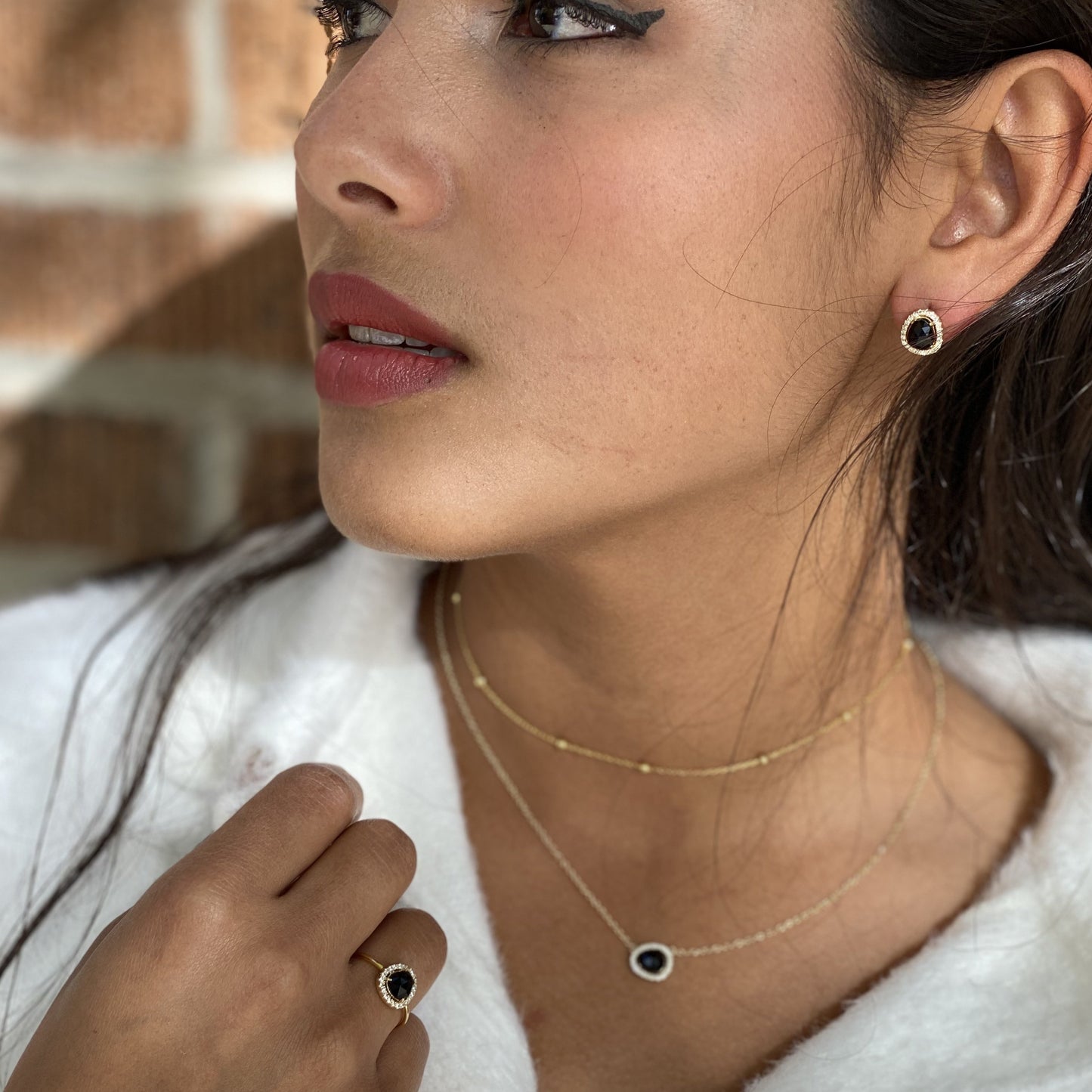 Set of our free-form black onyx gemstone ring, earrings and necklace in gold