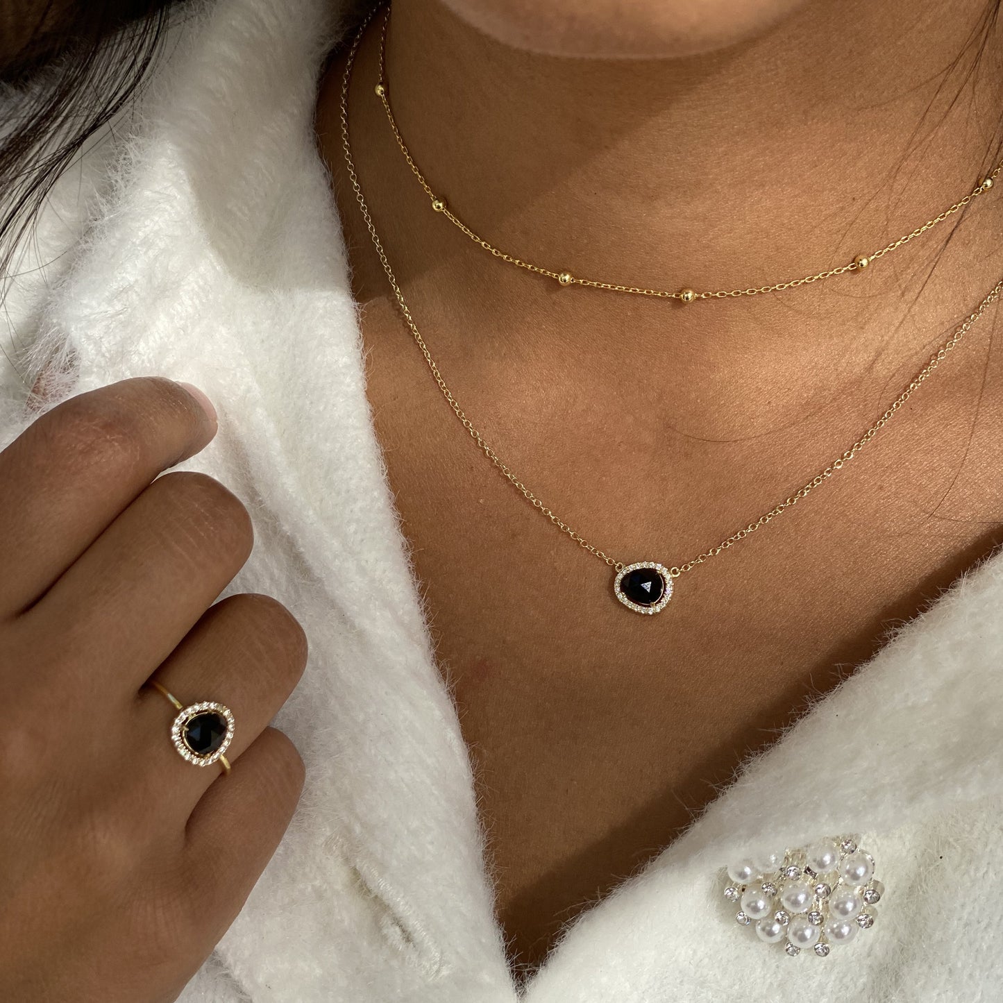 Black Onyx Gemstone necklace & matchning black onyx gemstone ring in gold