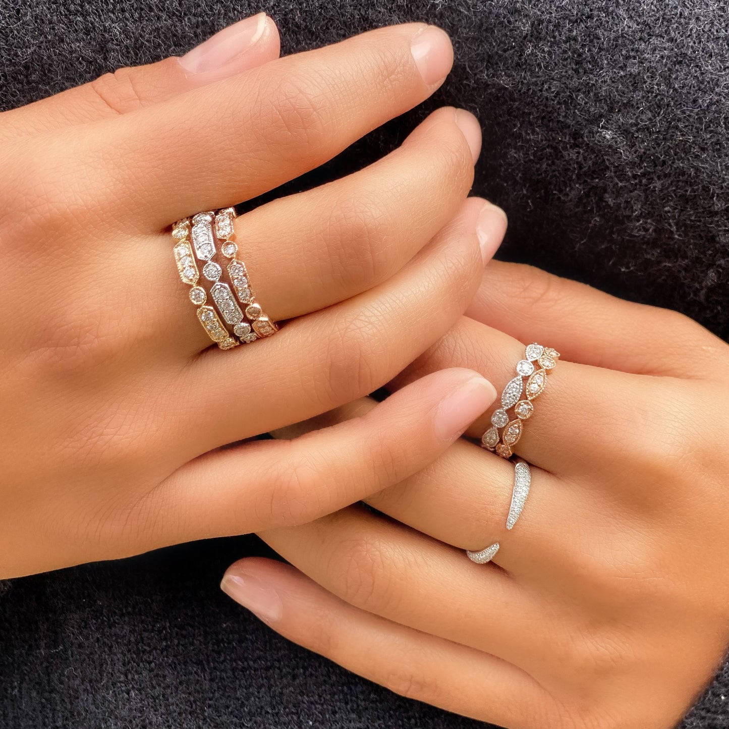 Vintage inspired diamond rings in gold from Alexandra Marks Jewelry