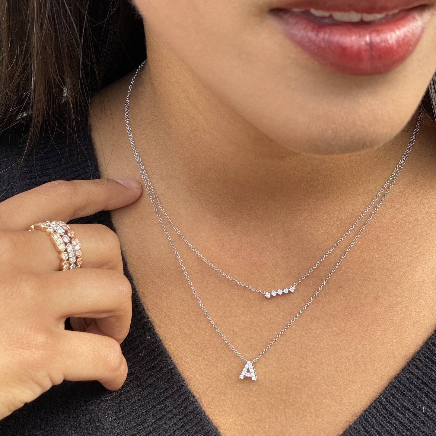 Wearing the mini diamond bar necklace in 14kt white gold from Alexandra Marks Jewelry