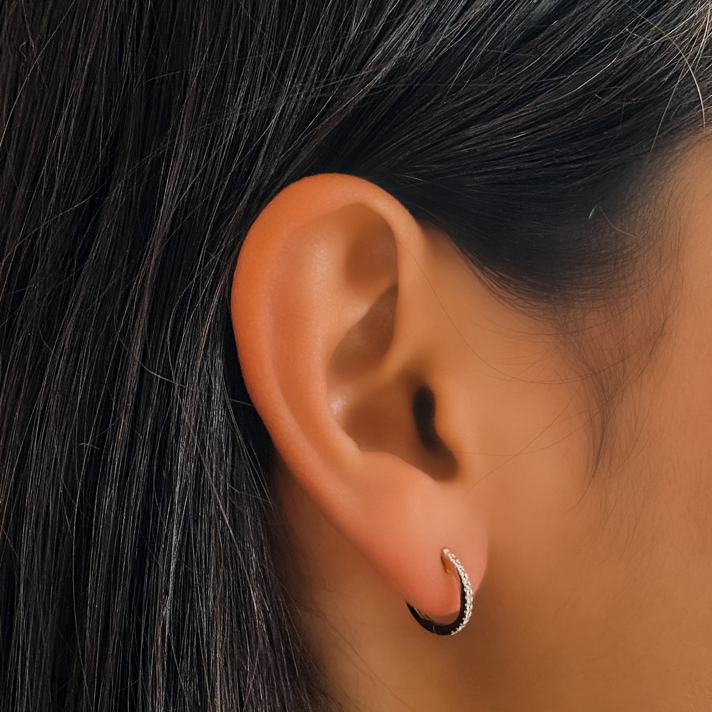 Wearing Alexandra's Small Pave' Diamond Huggie Hoop Earrings in White Gold