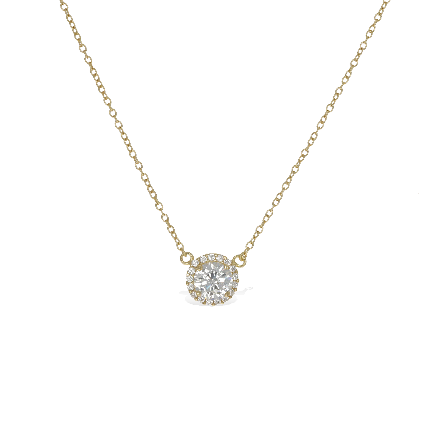 Bridal CZ Solitaire Halo Necklace In Gold | Alexandra Marks Jewelry