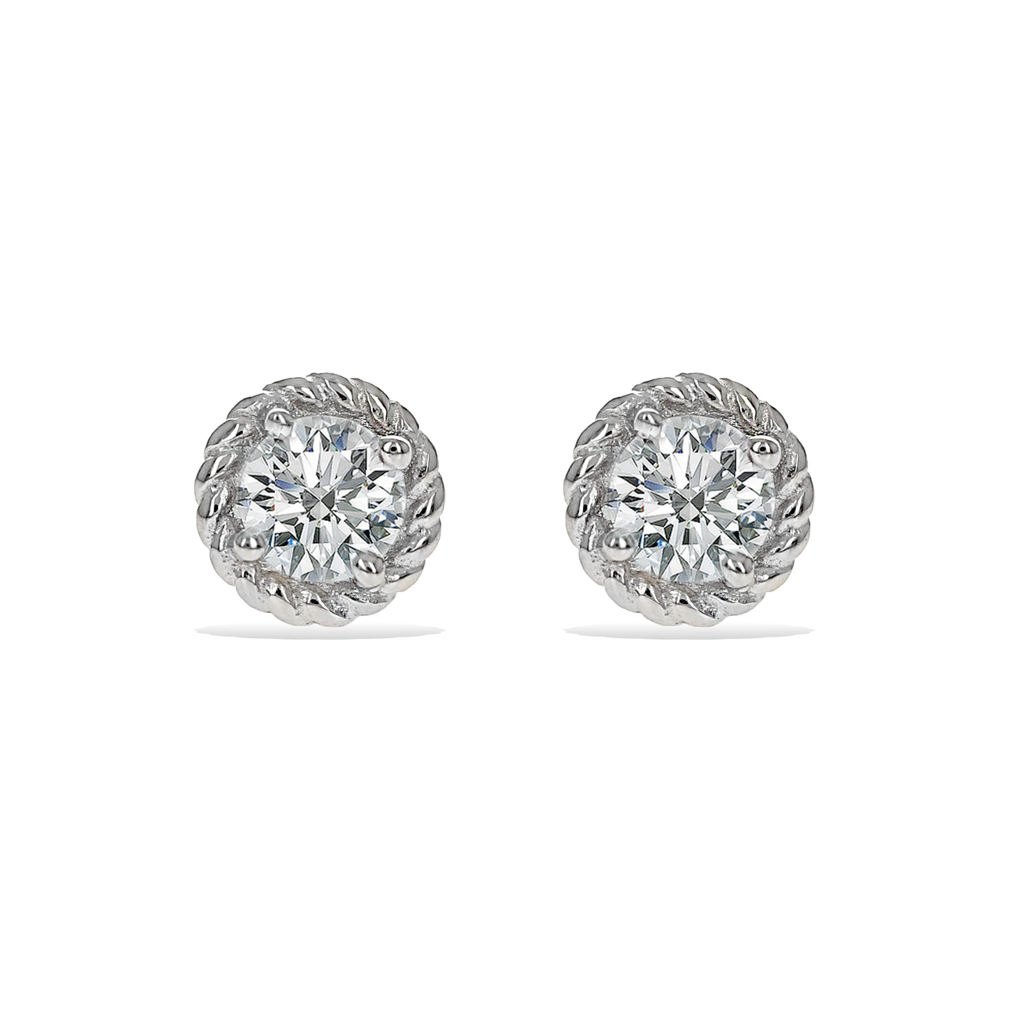 Round Cz Stud Earrings with Twisted Silver Halo