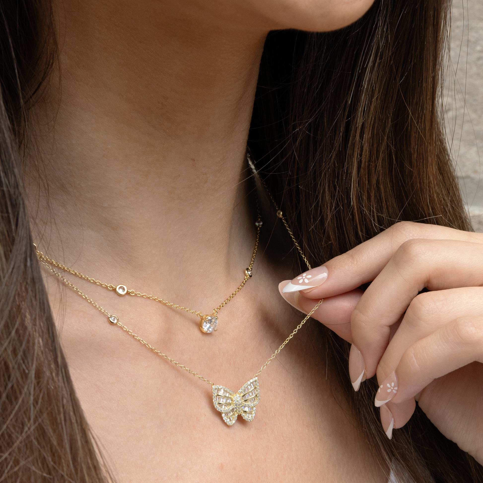 Baguette CZ Butterfly Necklace in Gold