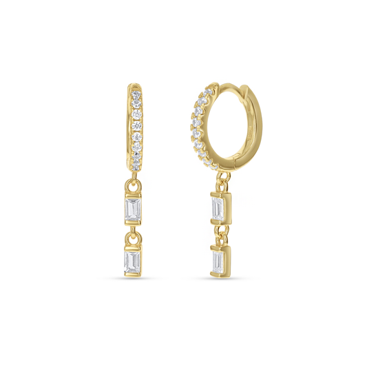Baguette CZ Double Drop Charm Huggie Hoop Earrings in Gold From Alexandra Marks Jewelry. 