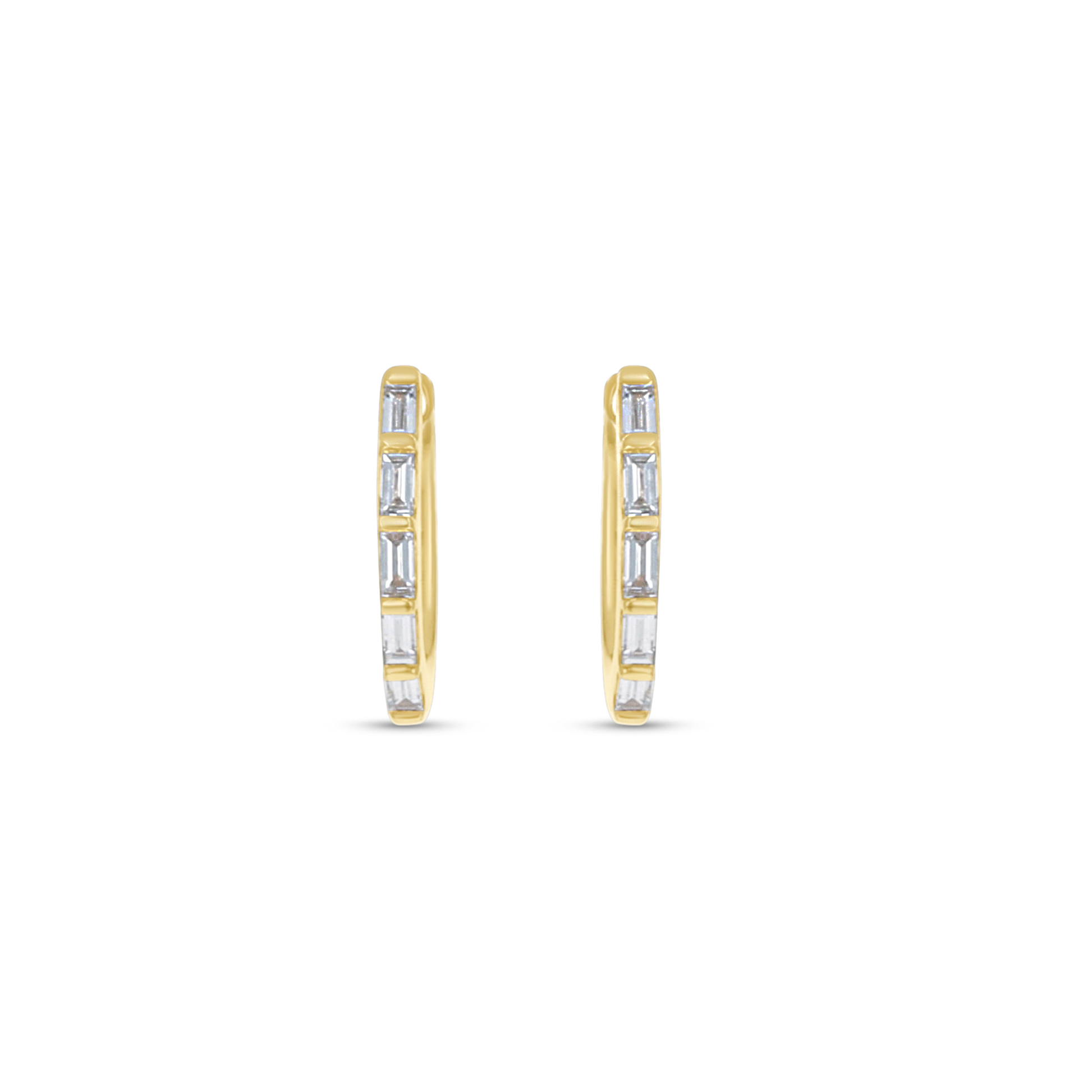 Dainty Baguette Diamond Small Hoop Earrings in 14kt Yellow Gold. 