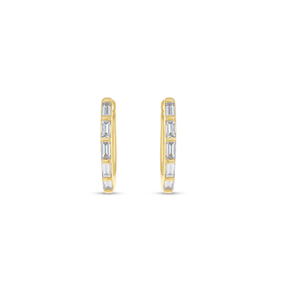 Dainty Baguette Diamond Small Hoop Earrings in 14kt Yellow Gold. 