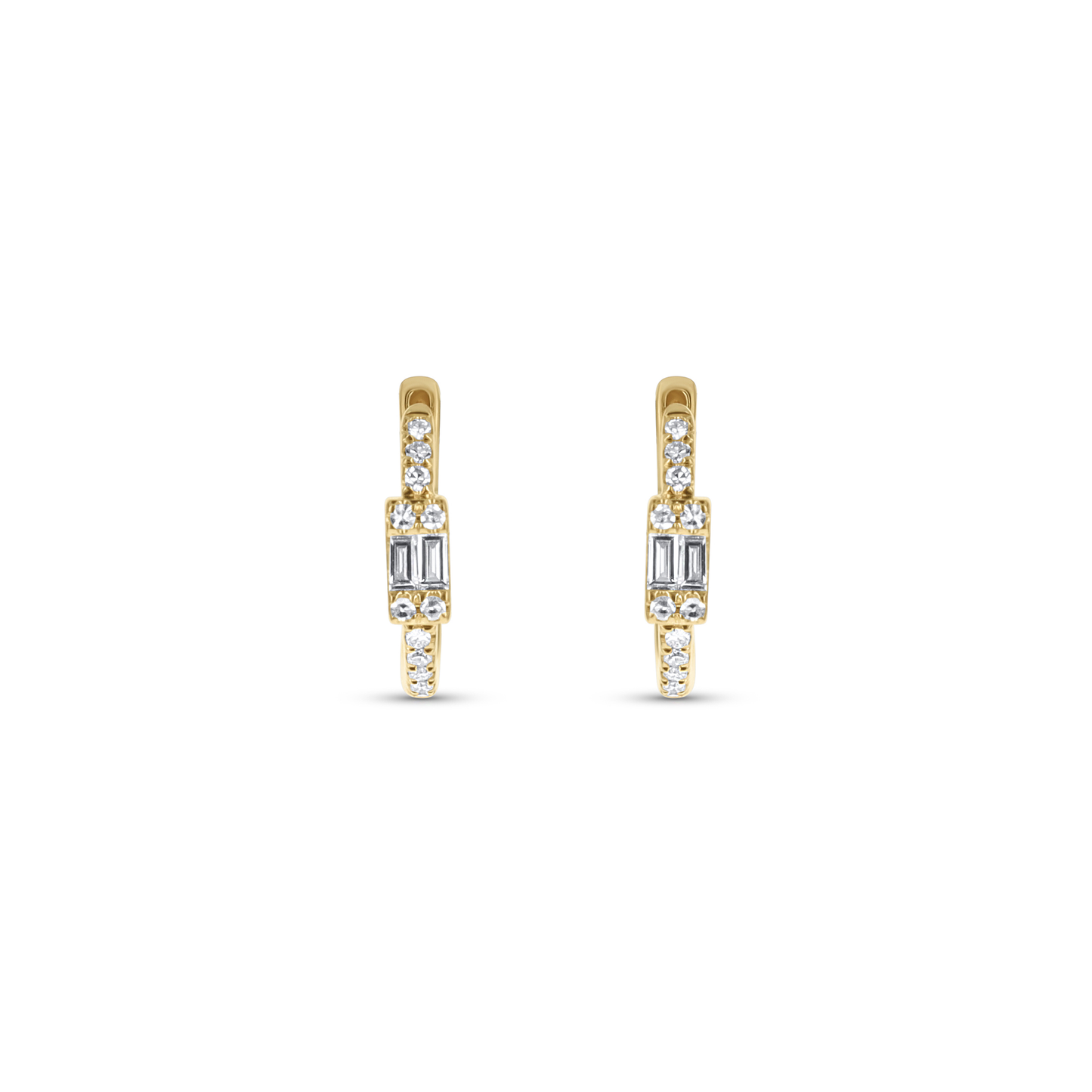Baguette Diamond Huggie Hoop Earrings in Yellow Gold. 