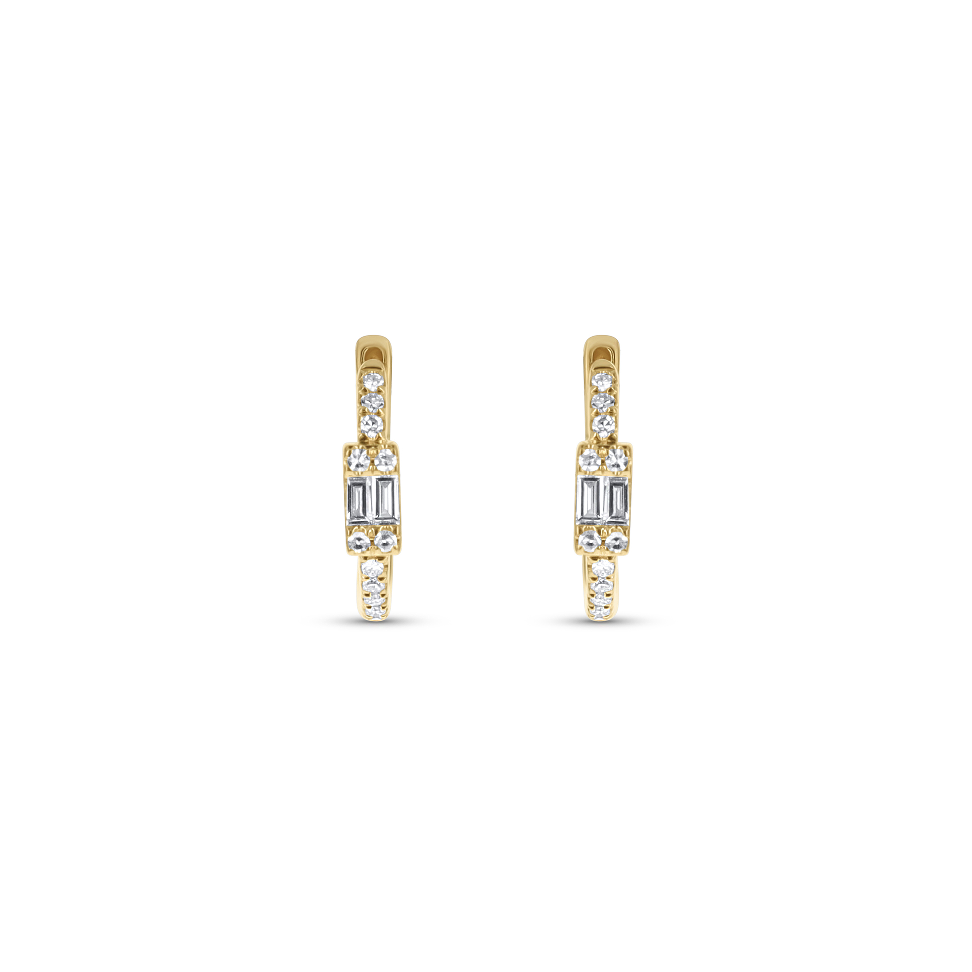 Baguette Diamond Huggie Hoop Earrings in Yellow Gold. 