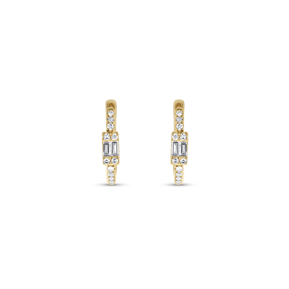 Baguette Diamond Huggie Hoop Earrings in Yellow Gold. 