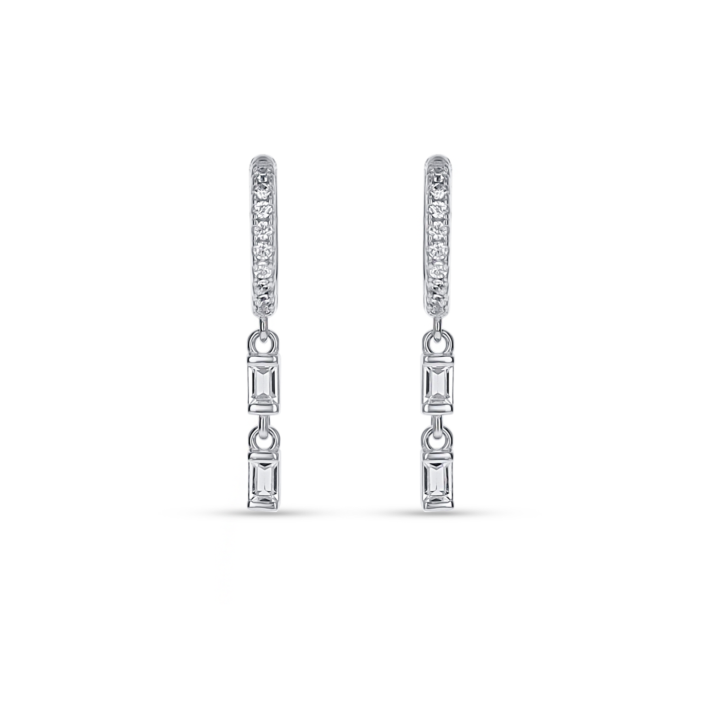 Silver Baguette Charm Hoop Earrings With CZ Stones. 