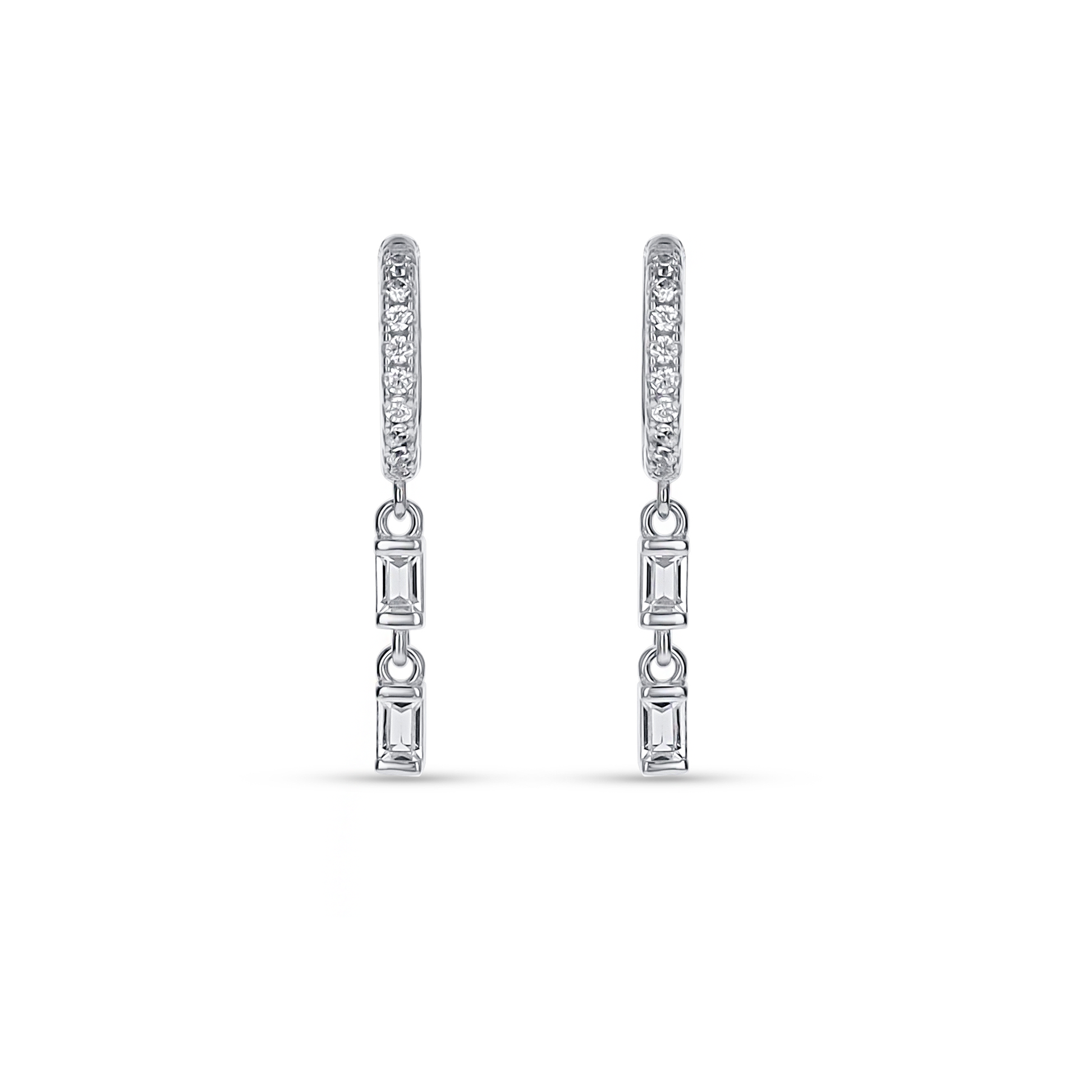 Silver Baguette Charm Hoop Earrings With CZ Stones. 