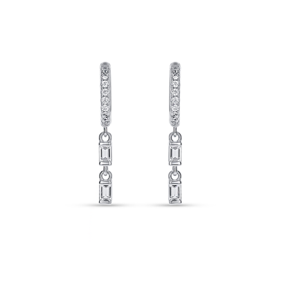 Silver Baguette Charm Hoop Earrings With CZ Stones. 