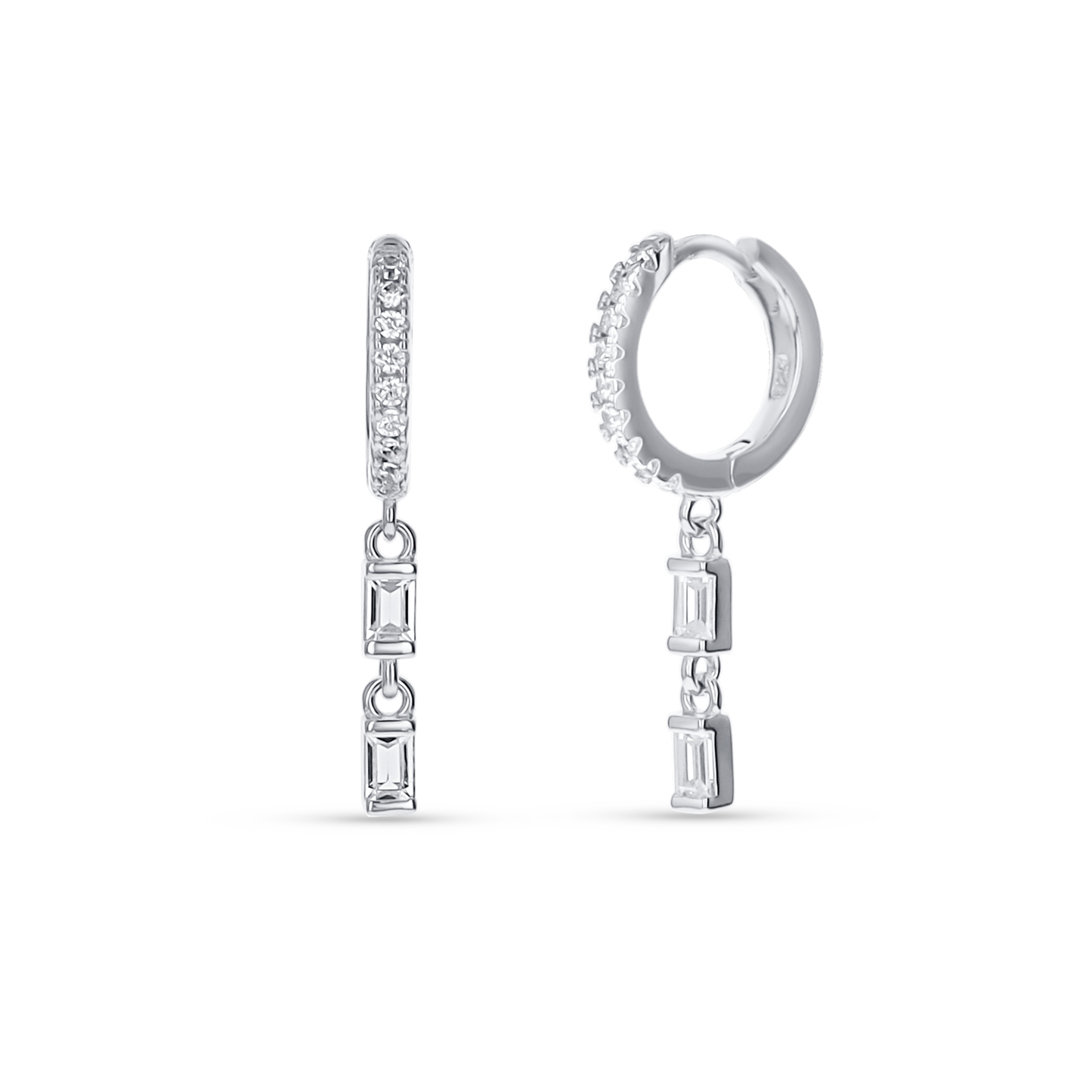 Dainty Silver Huggie Hoop Earrings with Baguette CZ Stones. 