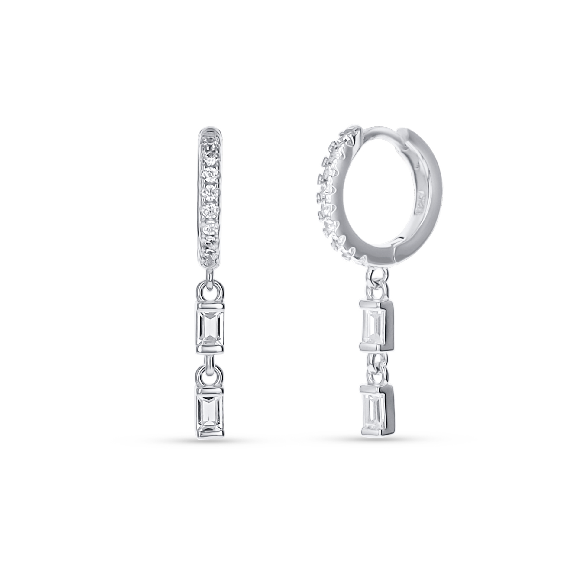Dainty Silver Huggie Hoop Earrings with Baguette CZ Stones. 