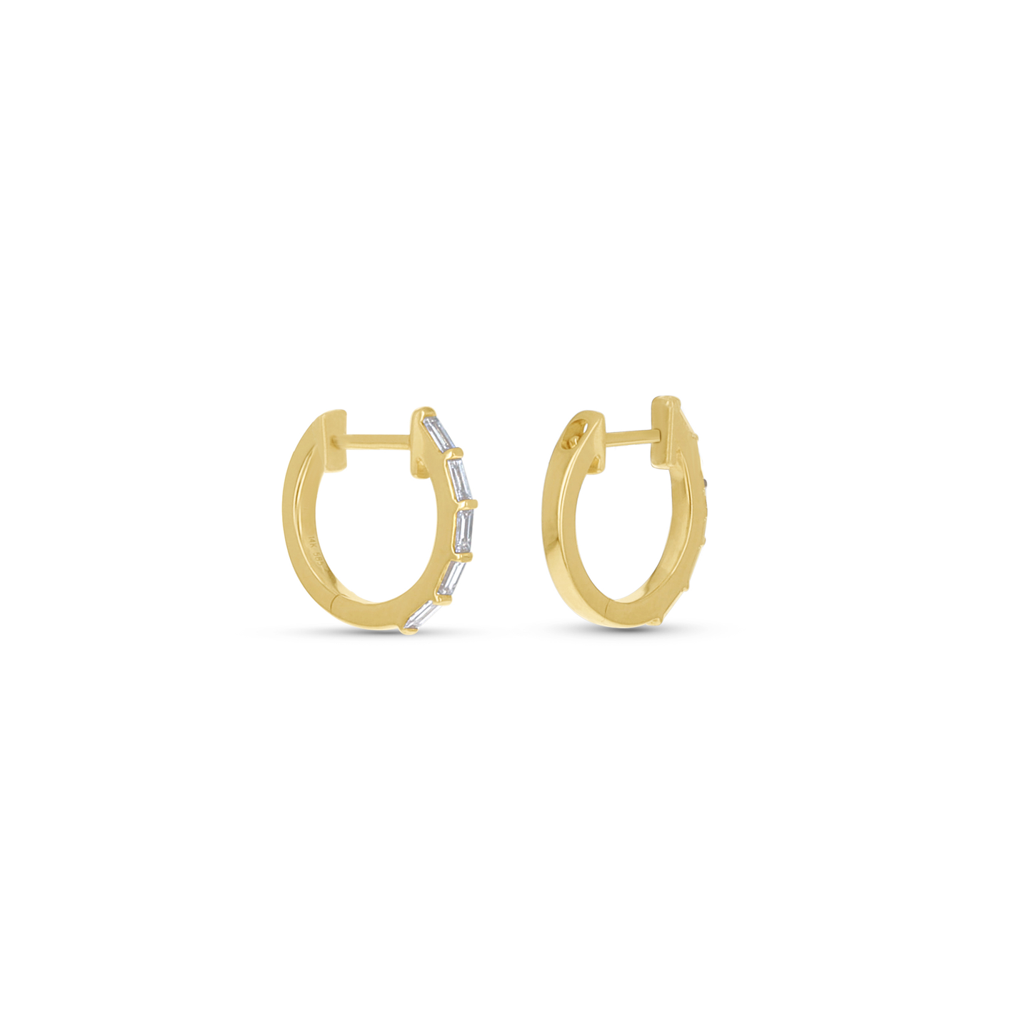 Baguette Diamond Huggie Hoop Earrings in 14kt Yellow Gold From Alexandra Marks Jewelry. 