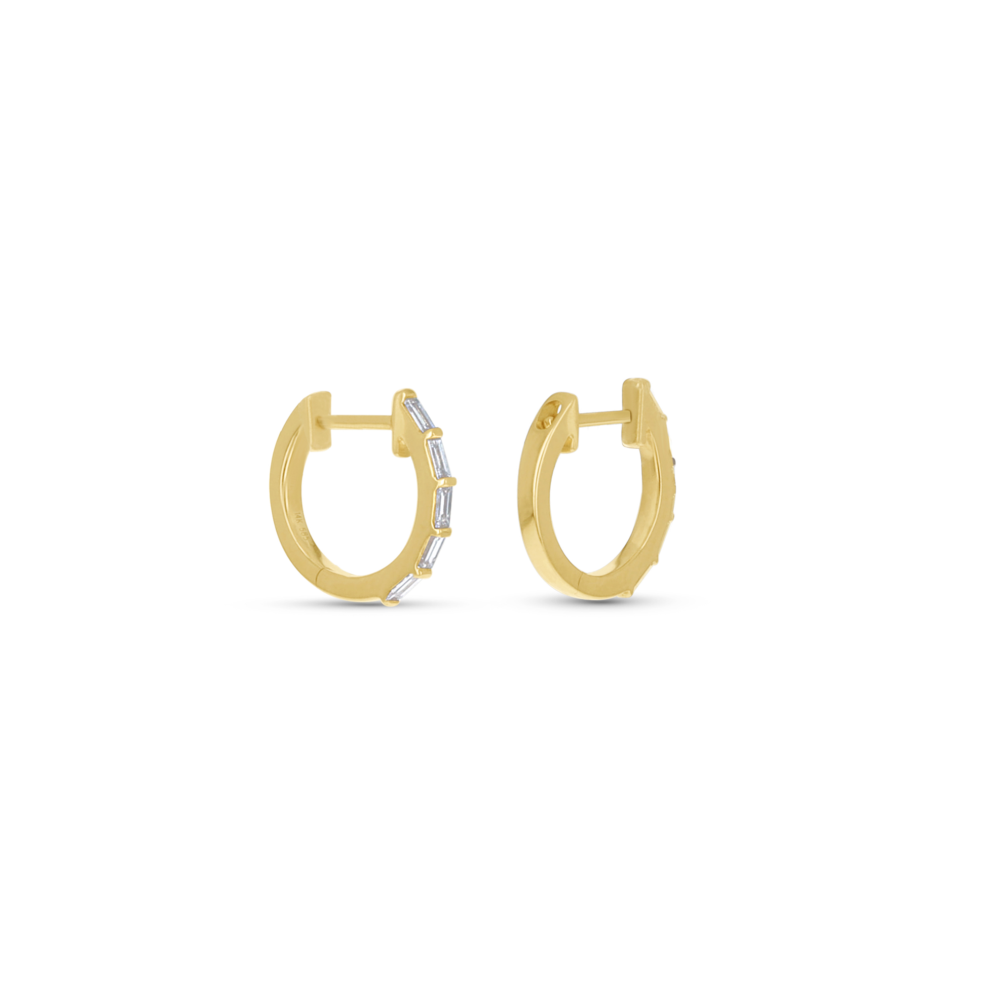 Baguette Diamond Huggie Hoop Earrings in 14kt Yellow Gold From Alexandra Marks Jewelry. 