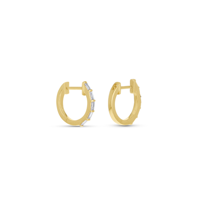 Baguette Diamond Huggie Hoop Earrings in 14kt Yellow Gold From Alexandra Marks Jewelry. 