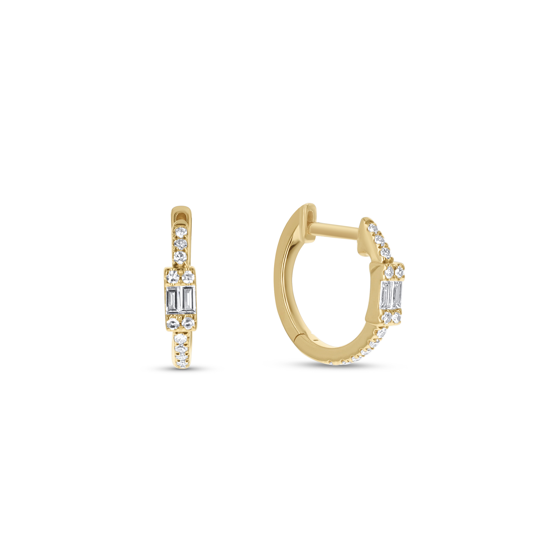 Petite Round & Baguette Diamond Hoop Earrings in 14kt Yellow Gold.