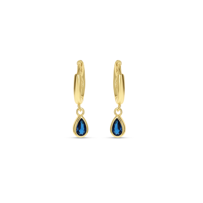 Blue Teardrop Charm Huggie Hoop Earrings in Gold from Alexandra Marks jewelry