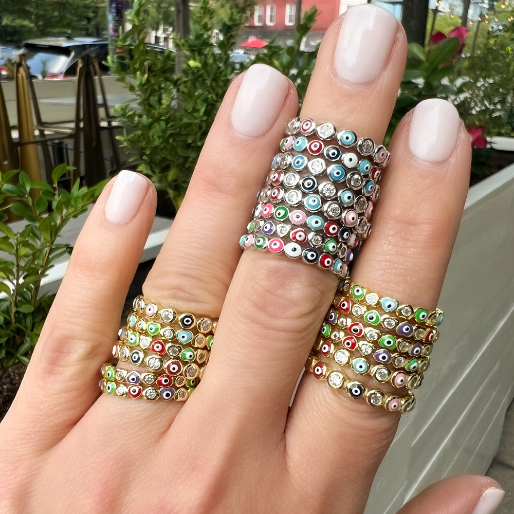 Colorful Evil Eye Stacking Rings in Gold From Alexandra Marks Jewelry