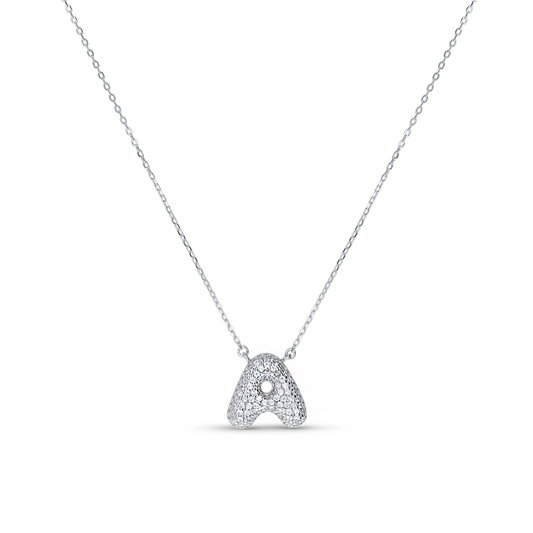 Letter A Bubble Initial Necklace with CZ Stones in Silver from Alexandra Marks Jewelry. 