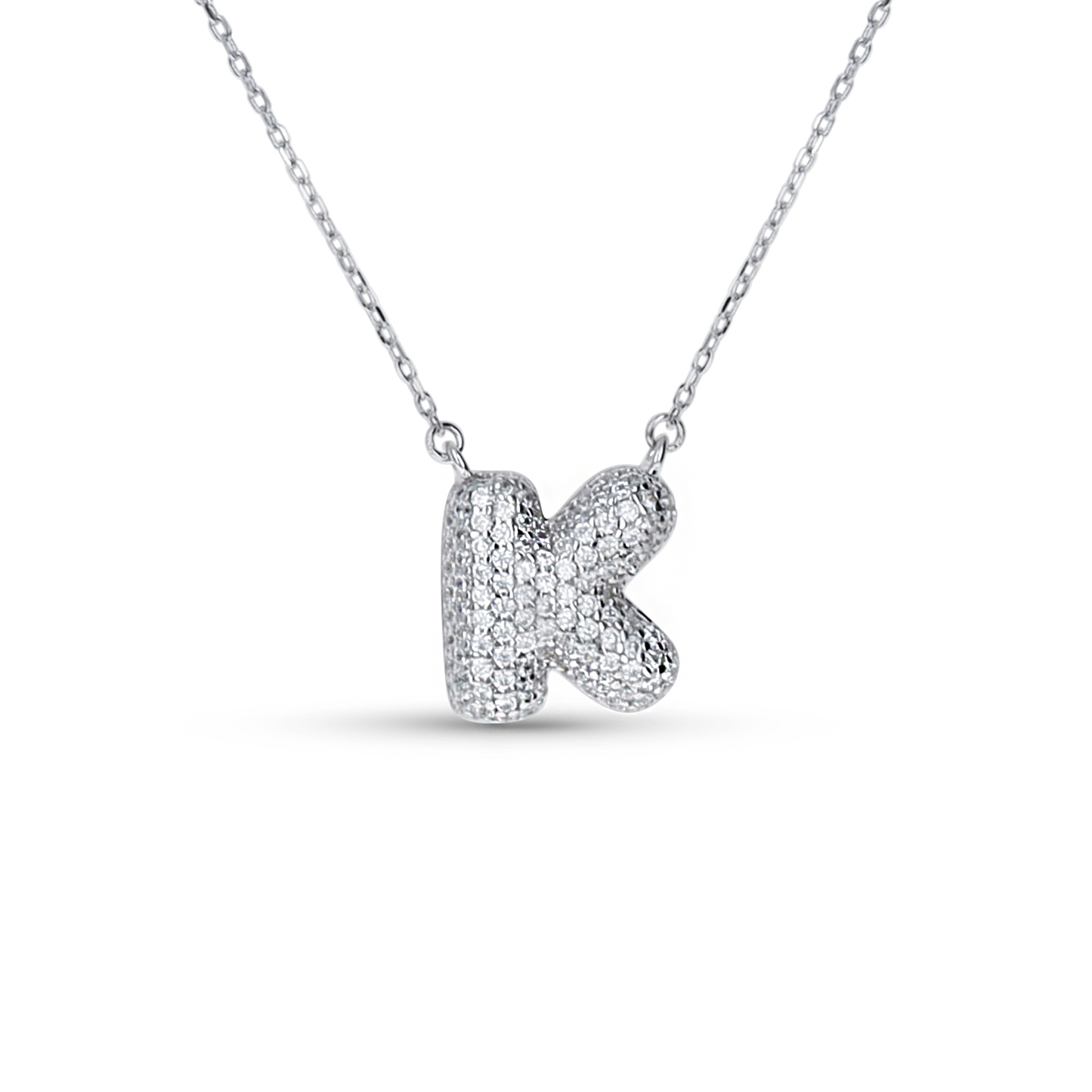 Silver Letter K Bubble Necklace with CZ Crystal Stones. 