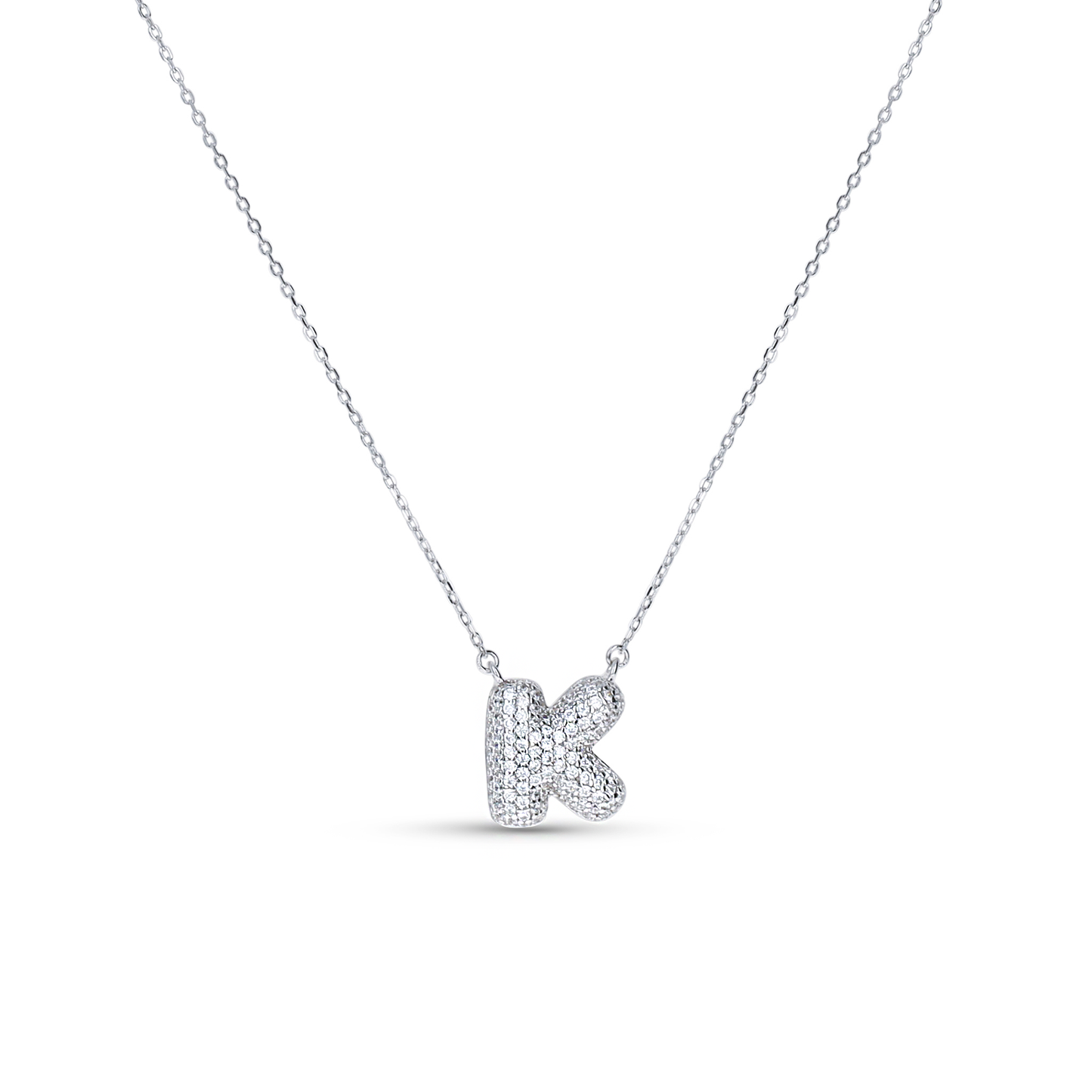 Bubble Letter K Initial Necklace in Sterling Silver from Alexandra Marks Jewelry. 