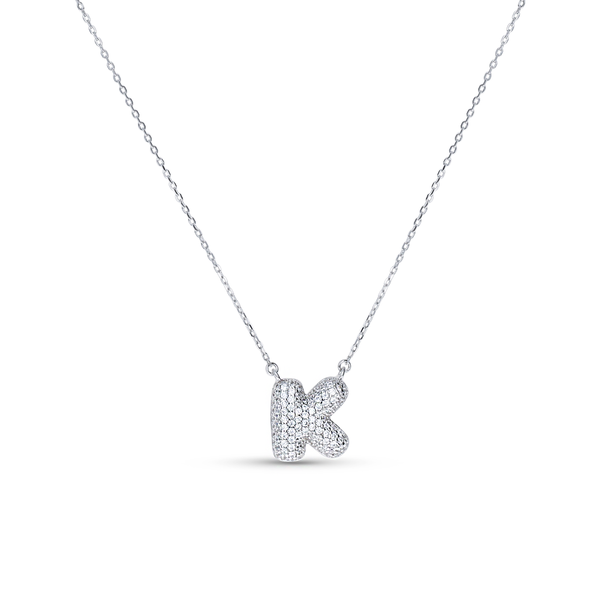 Bubble Letter K Initial Necklace in Sterling Silver from Alexandra Marks Jewelry. 