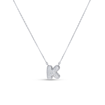 Bubble Letter K Initial Necklace in Sterling Silver from Alexandra Marks Jewelry. 