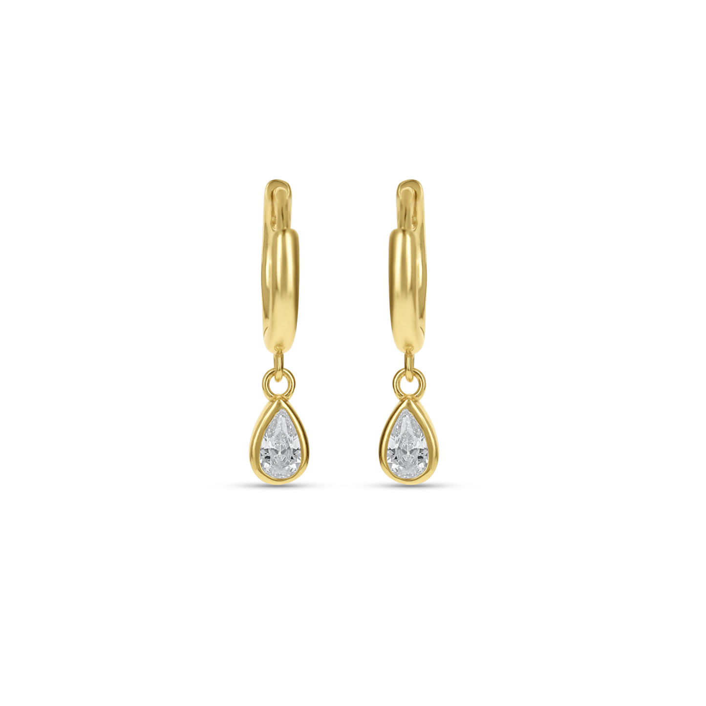 Clear CZ Charm Huggie Hoop Earrings in gold. 