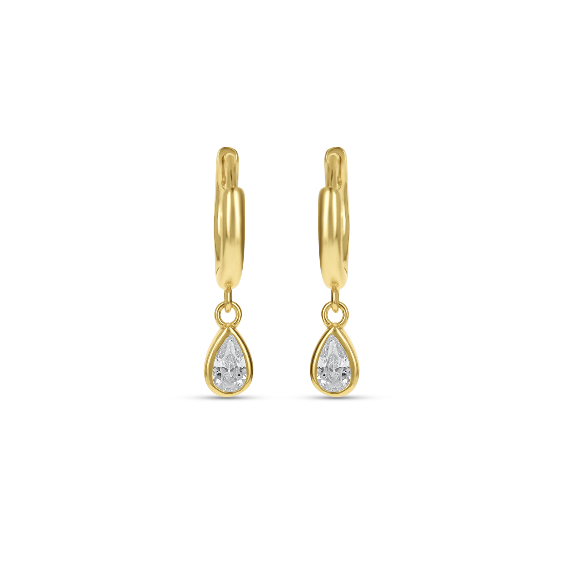 Clear CZ Charm Huggie Hoop Earrings in gold. 